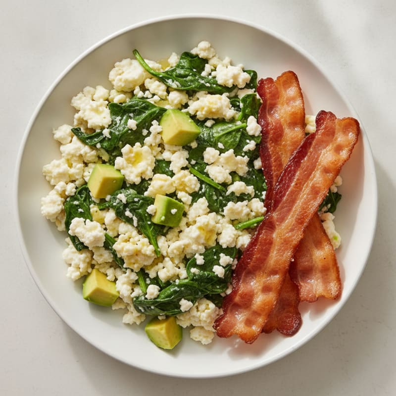 Cottage Cheese Egg Scramble with Spinach and Turkey Bacon