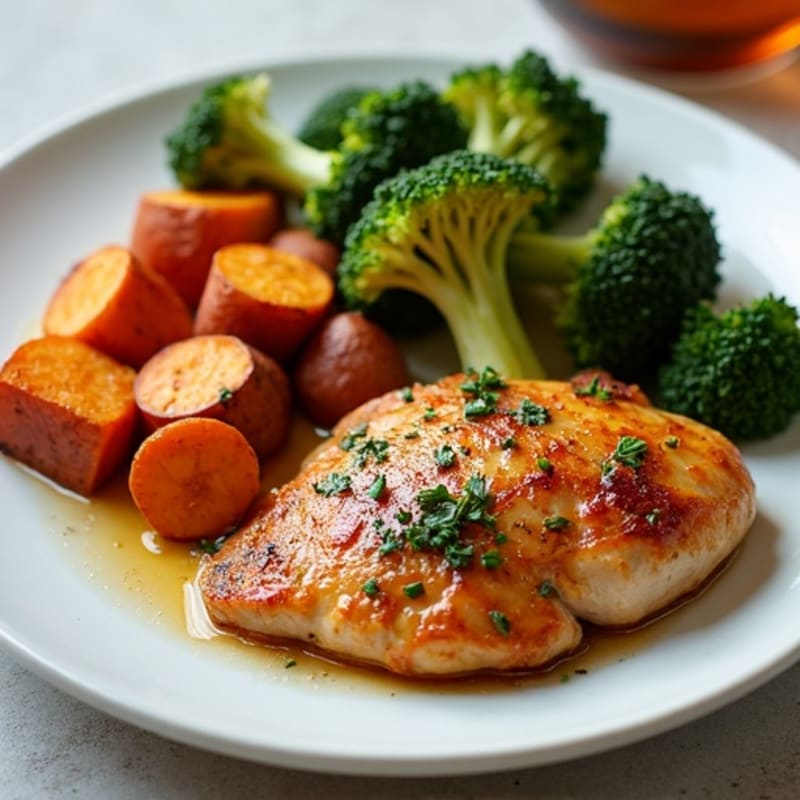 Maple-Glazed Chicken with Roasted Sweet Potatoes and Crispy Broccoli