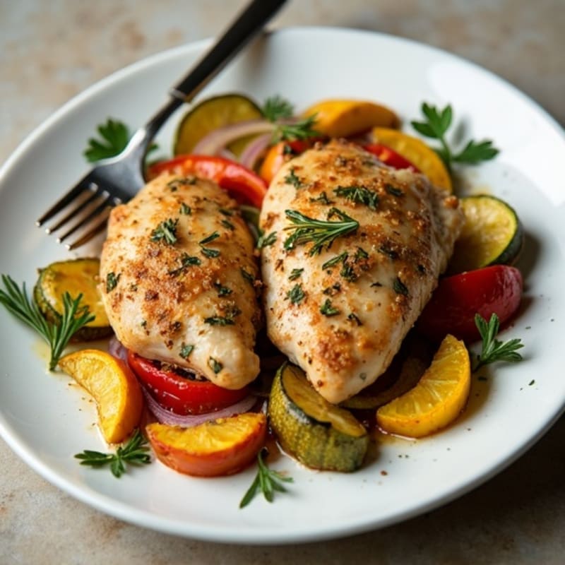 Herb-Crusted Sheet Pan Chicken with Roasted Rainbow Vegetables