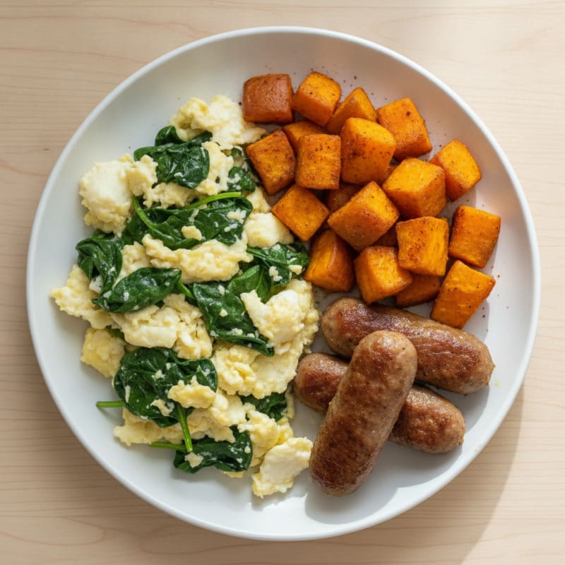 Egg White Spinach Scramble with Turkey Sausage and Roasted Sweet Potatoes