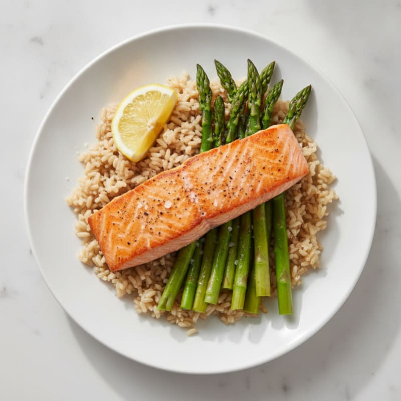Seared Salmon Fillet with Brown Rice and Steamed Asparagus