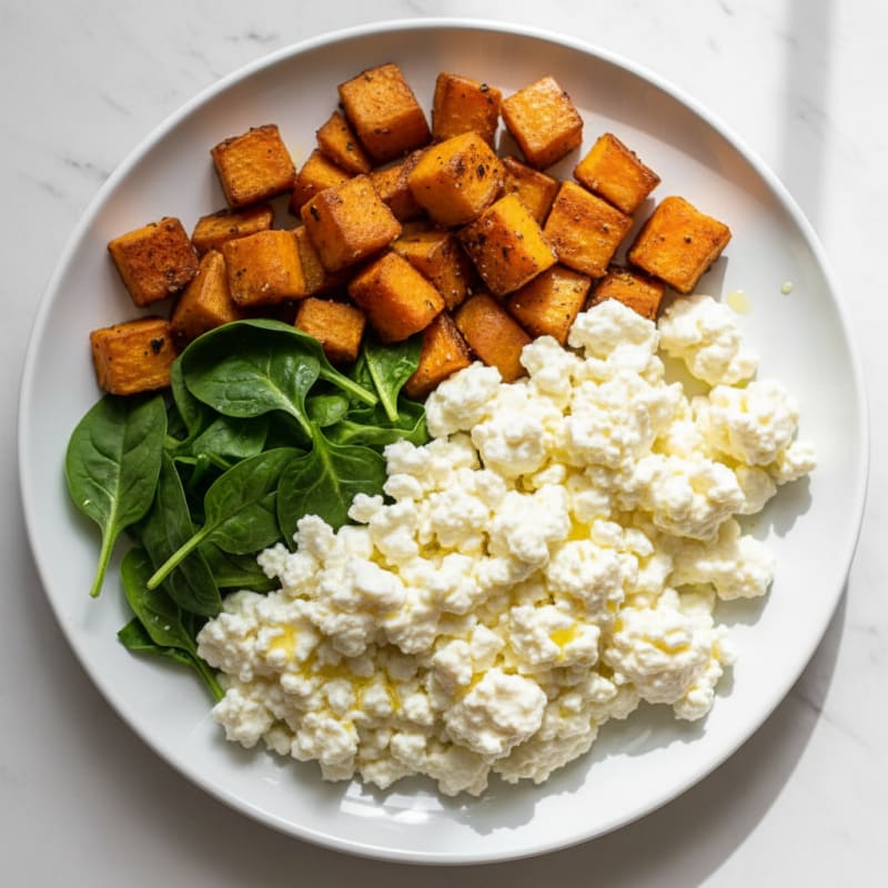 Cottage Cheese and Egg White Scramble with Roasted Sweet Potatoes