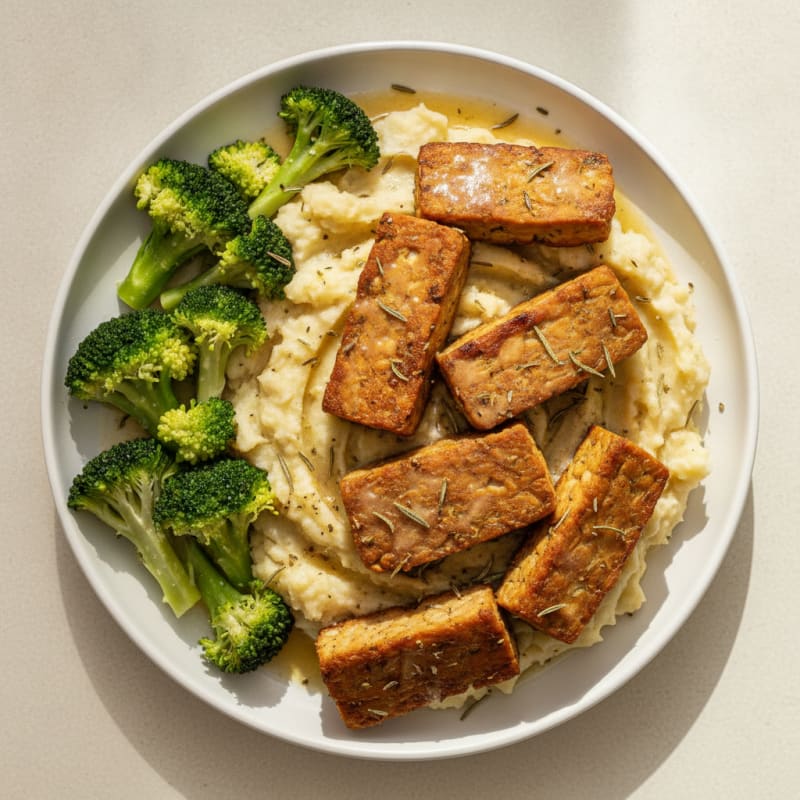 Herb-Roasted Tempeh with Garlic Mashed Potatoes and Steamed Broccoli