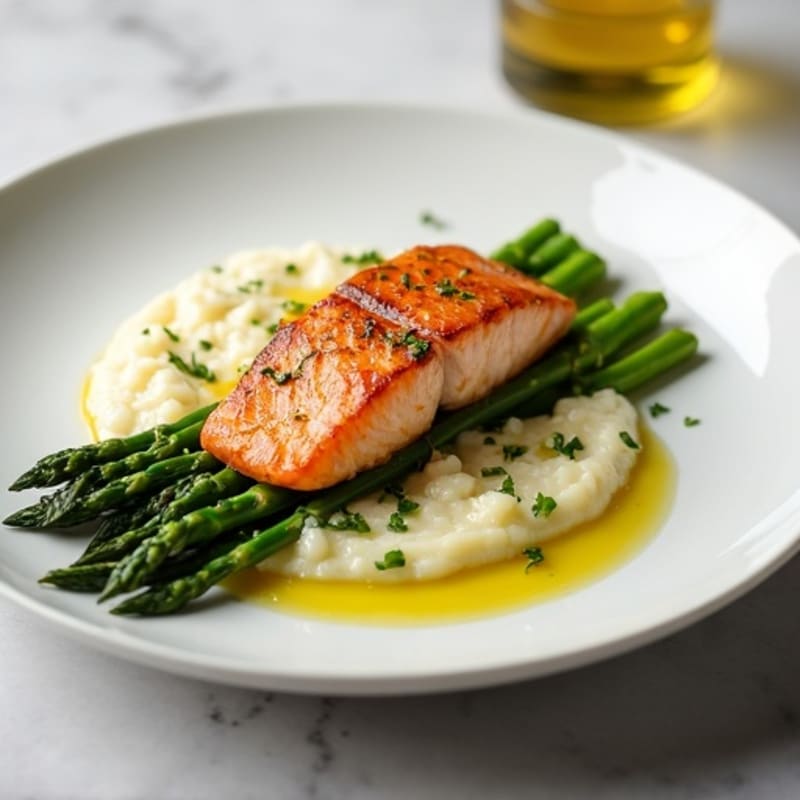 Seared Salmon with Steamed Asparagus and Cauliflower Mash