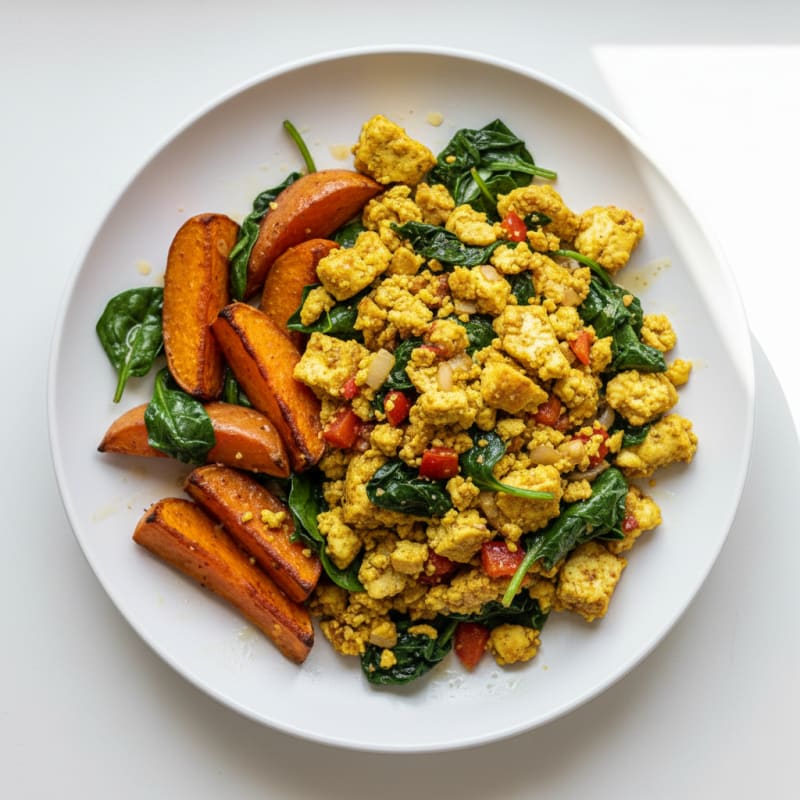 Scrambled Tofu with Roasted Sweet Potato and Spinach