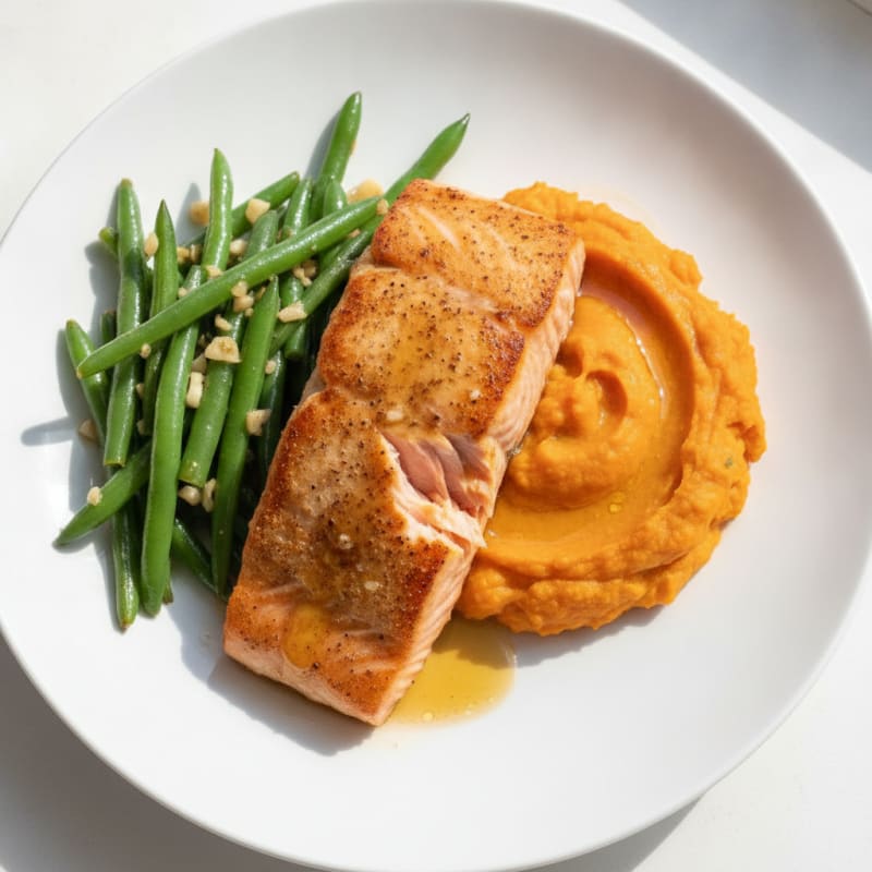 Seared Salmon with Garlic Green Beans and Sweet Potato Mash