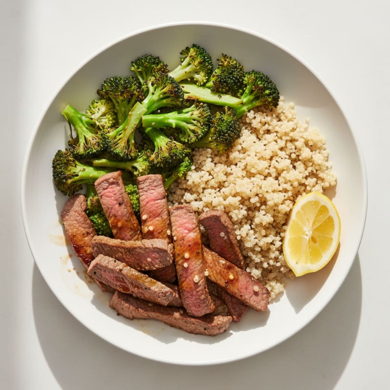 Seared Lean Beef Strips with Roasted Broccoli and Quinoa