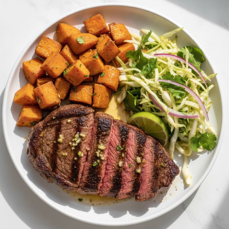 Seared Sirloin Steak with Roasted Sweet Potato and Cilantro-Lime Slaw