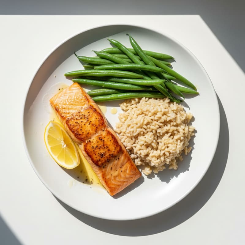 Seared Salmon with Steamed Green Beans and Brown Rice