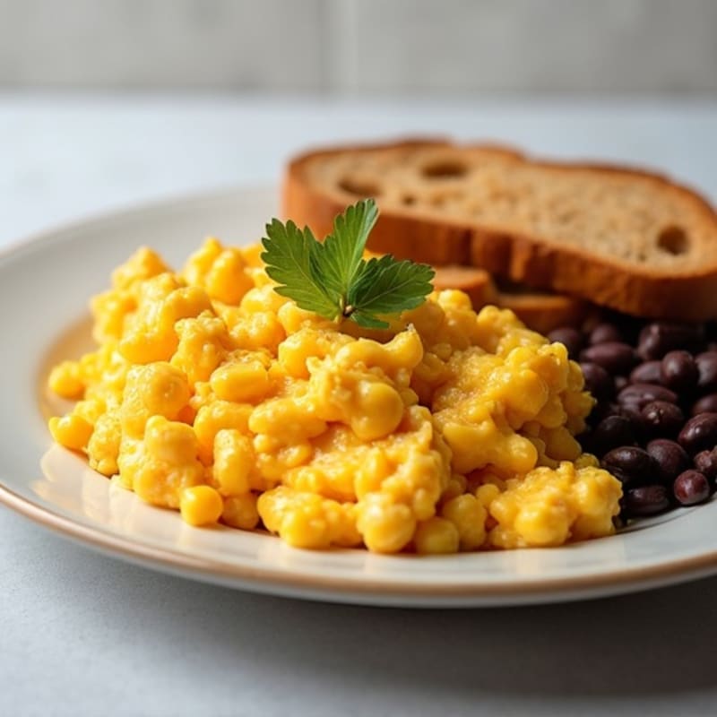 Cheesy Scrambled Eggs with Toasted Bread and Black Beans