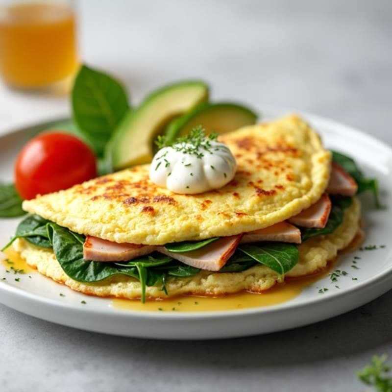 Egg White Spinach Omelette with Cottage Cheese, Sliced Turkey & Tomato