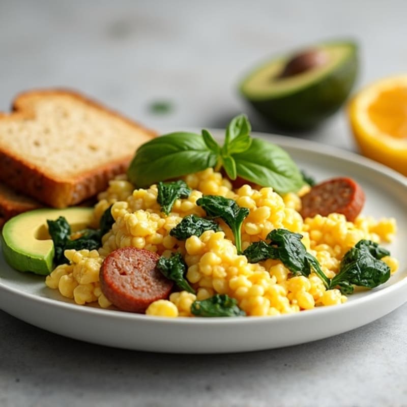 Egg White Scramble with Chicken Sausage, Spinach, Avocado & Toast