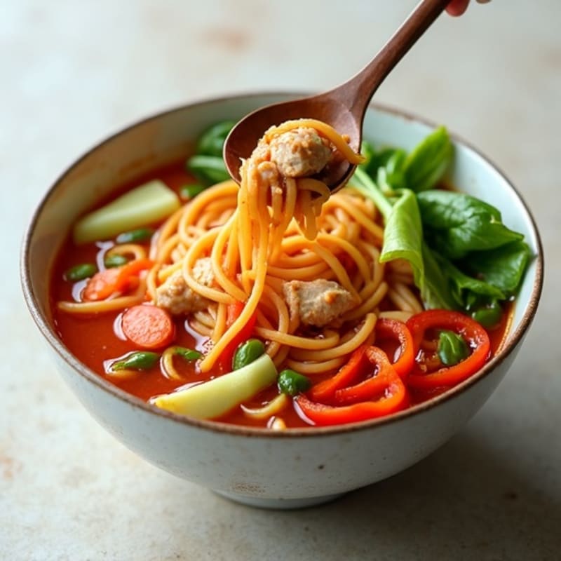 Spicy Sriracha Brothy Chicken and Fresh Vegetable Noodle Soup