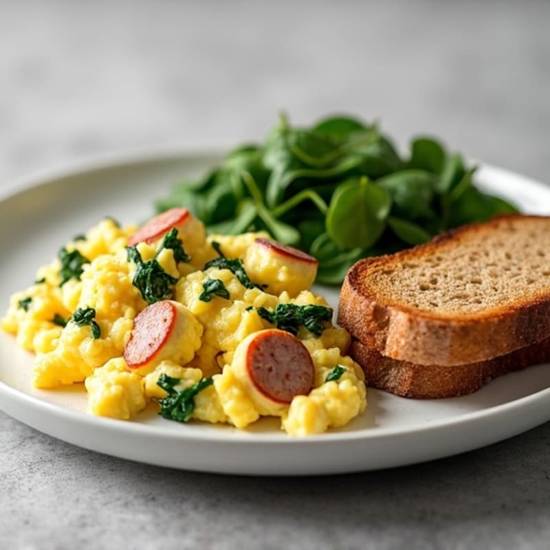 Egg White Scramble with Turkey Sausage and Sautéed Spinach