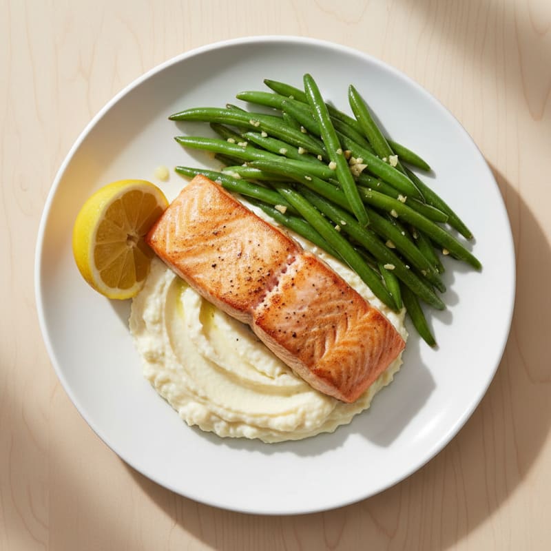 Seared Salmon Fillet with Garlic Green Beans and Cauliflower Mash