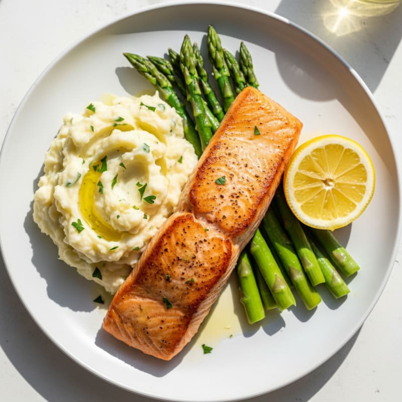 Seared Salmon with Steamed Asparagus and Garlic Mashed Potatoes