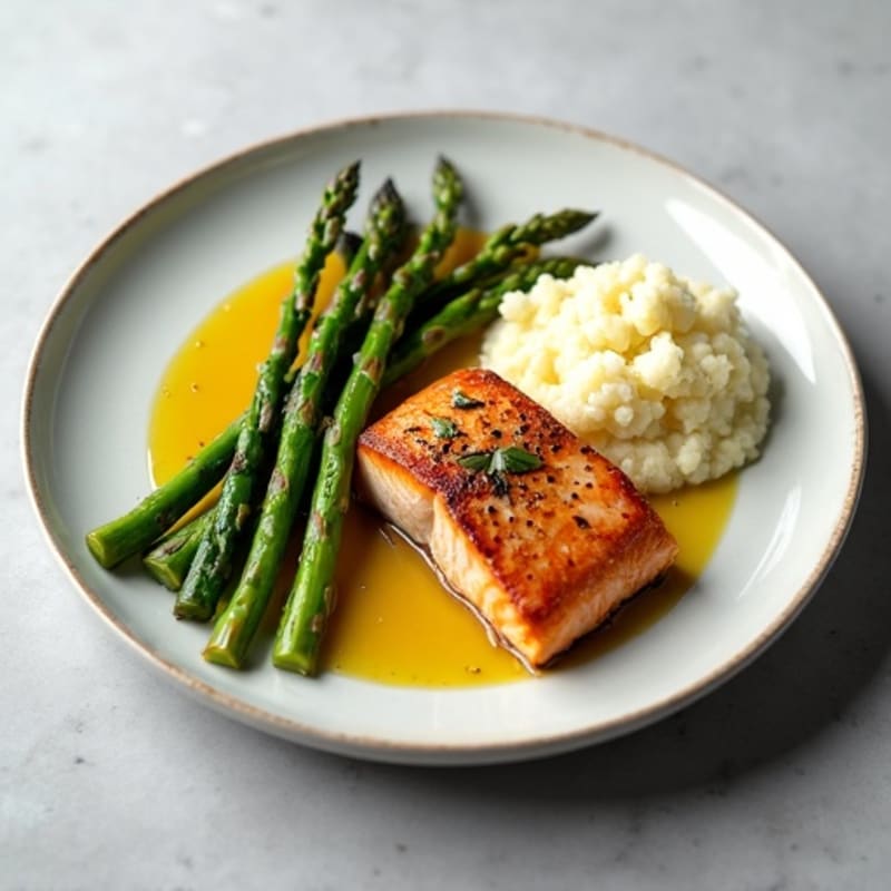 Seared Salmon with Roasted Asparagus and Cauliflower Mash
