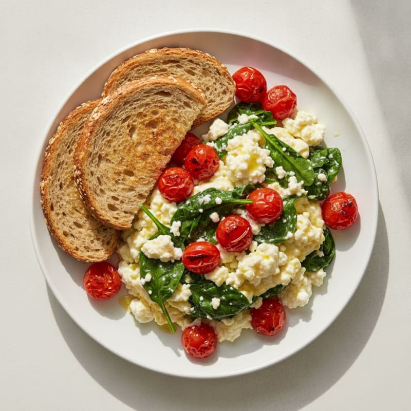 Egg White Spinach Scramble with Cottage Cheese and Cherry Tomatoes