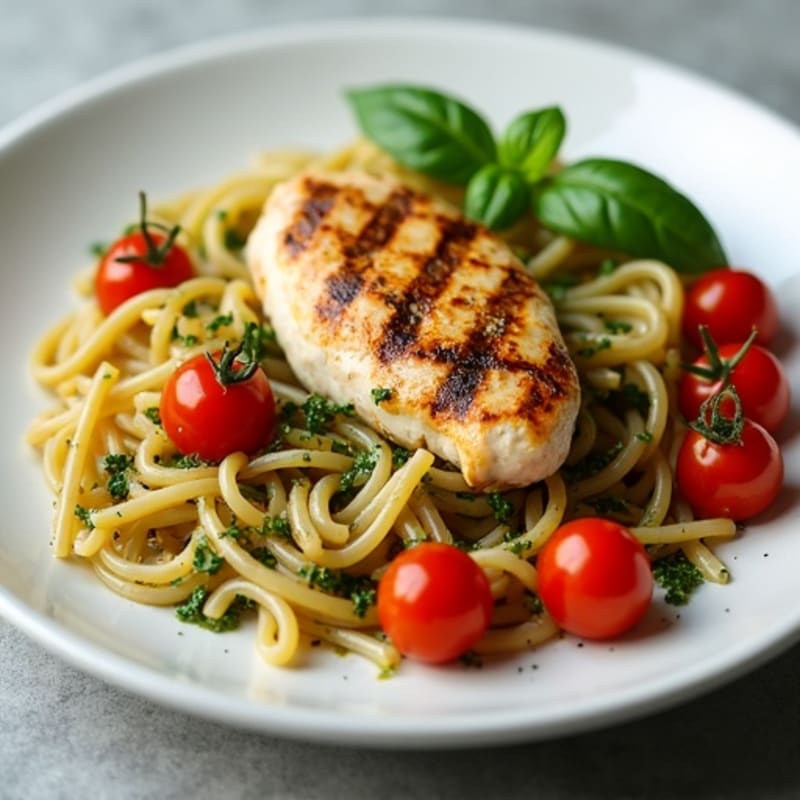 Chicken with Fresh Pesto, Whole Wheat Pasta, and Roasted Cherry Tomatoes