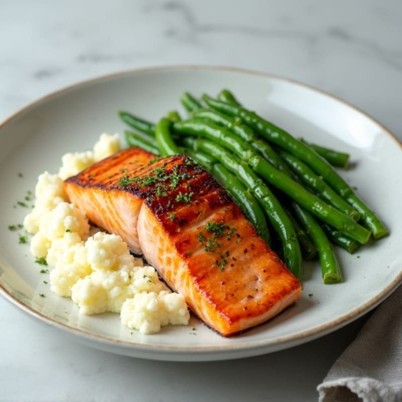 Seared Salmon with Steamed Green Beans and Cauliflower Mash