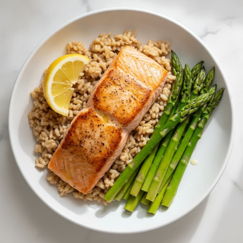 Seared Salmon with Steamed Asparagus and Brown Rice