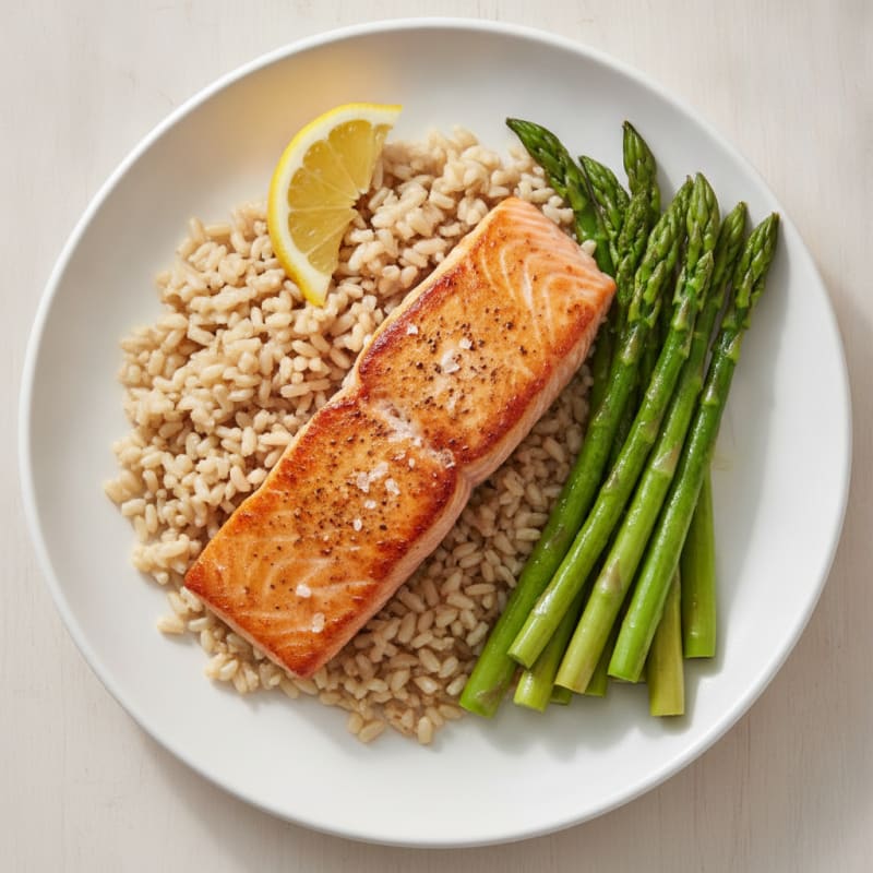 Seared Salmon with Steamed Asparagus and Brown Rice