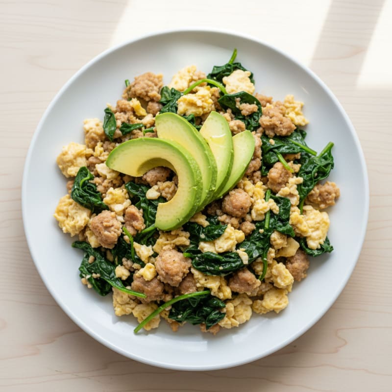 Egg White Scramble with Turkey Sausage and Sautéed Spinach