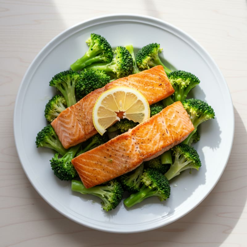 Seared Salmon with Steamed Broccoli and Lemon
