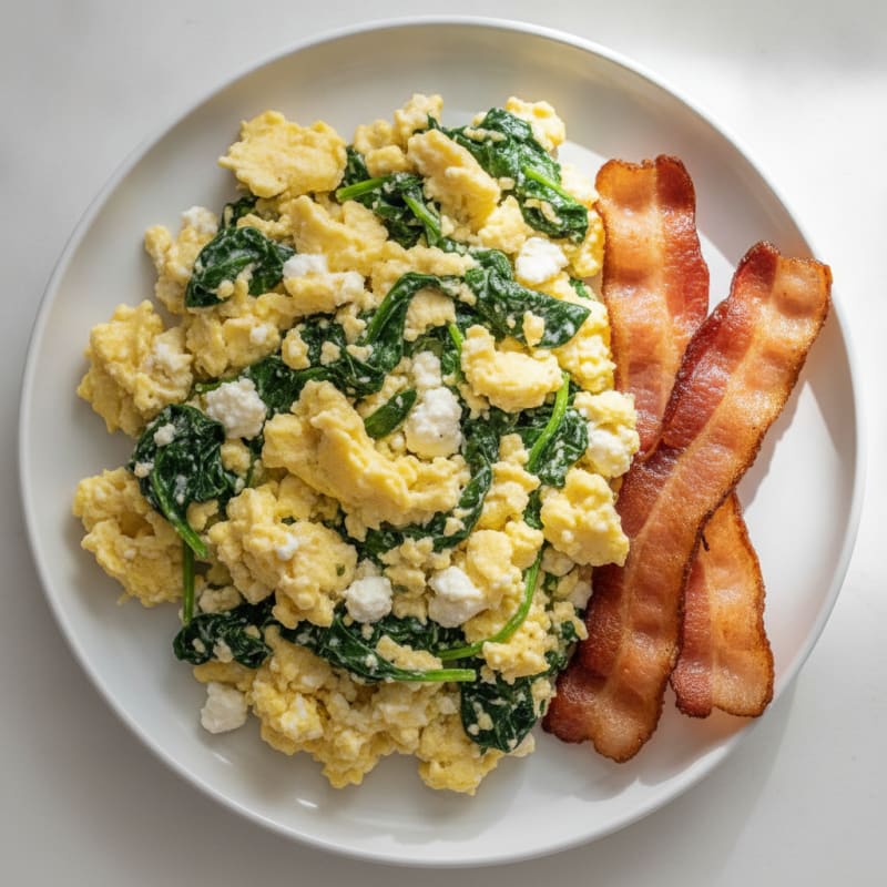 Cottage Cheese Egg Scramble with Spinach and Turkey Bacon
