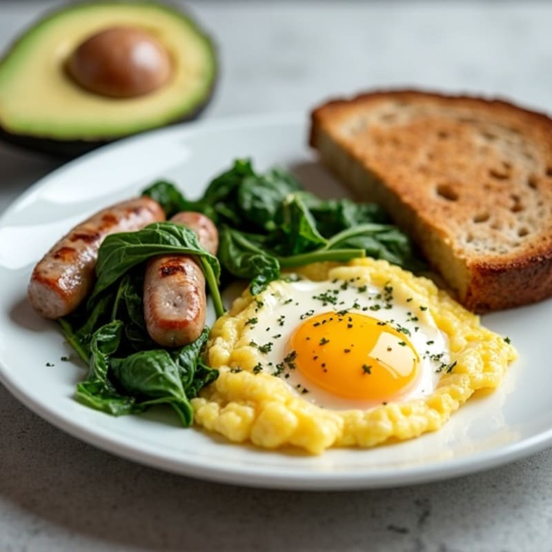 Egg White Scramble with Turkey Sausage and Sautéed Spinach