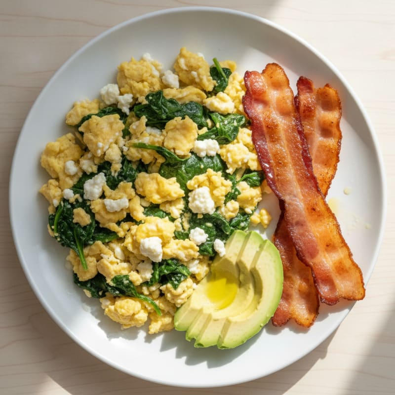 Cottage Cheese Egg Scramble with Spinach and Turkey Bacon