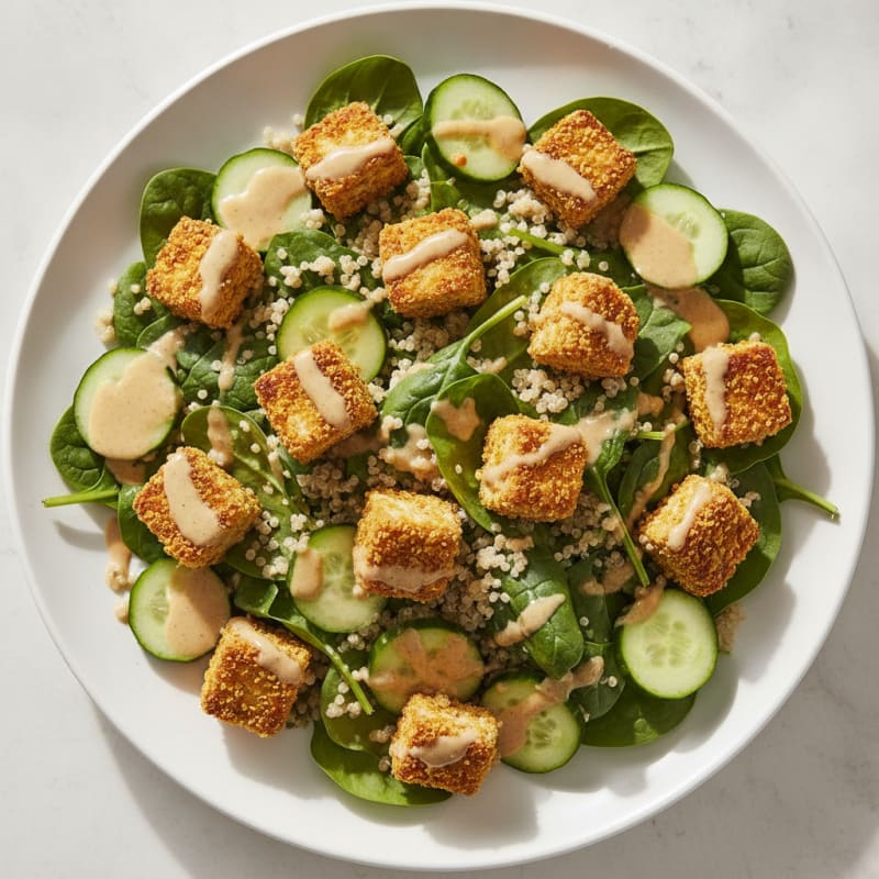 Crispy Tofu and Quinoa Power Salad with Lemon-Tahini Dressing