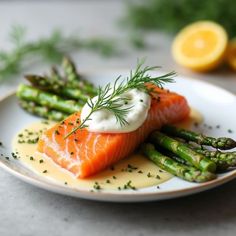 Smoked Salmon with Creamy Dill Sauce and Roasted Asparagus