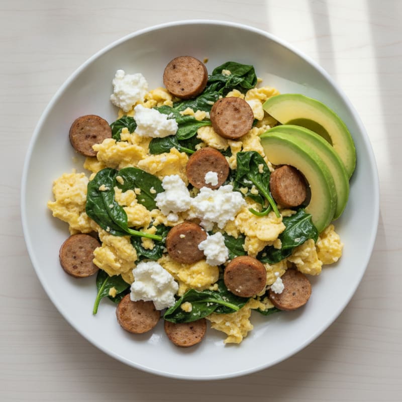 Cottage Cheese Scramble with Spinach and Turkey Sausage