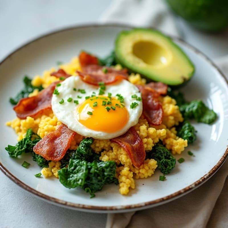 Cottage Cheese Egg White Scramble with Spinach, Turkey Bacon & Avocado