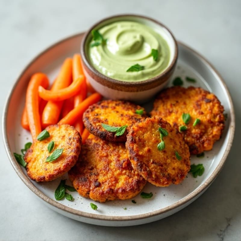 Crispy Sweet Potato and Carrot Fritters with Herb-Roasted Chicken and Creamy Avocado Dip