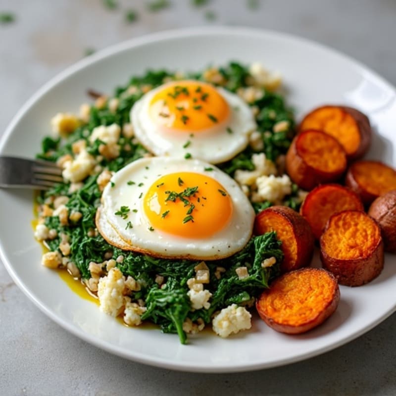 Cottage Cheese Scramble with Spinach and Roasted Sweet Potatoes