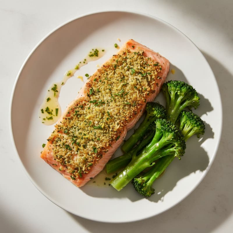 Seared Herb-Crusted Salmon with Steamed Broccoli