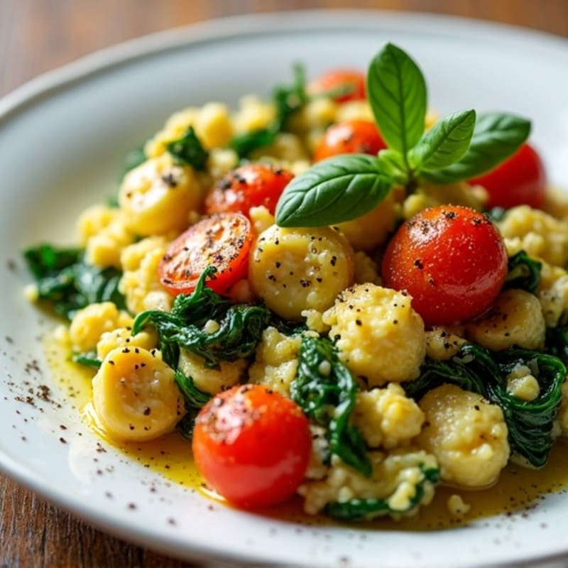 Cottage Cheese Scramble with Sautéed Spinach and Cherry Tomatoes