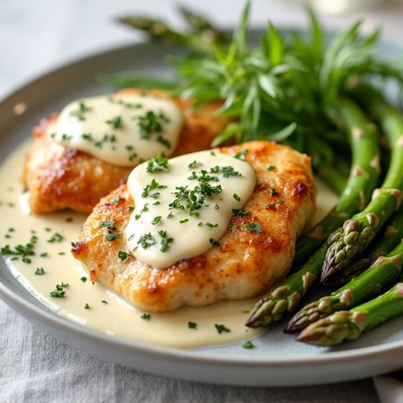 Garlic-Herb Roasted Chicken with Creamy Caesar Dressing and Roasted Asparagus