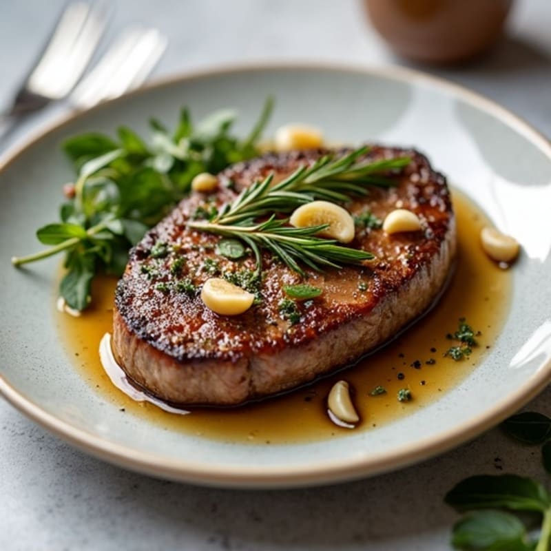 Herb-Crusted Pan Seared Steak with Roasted Garlic
