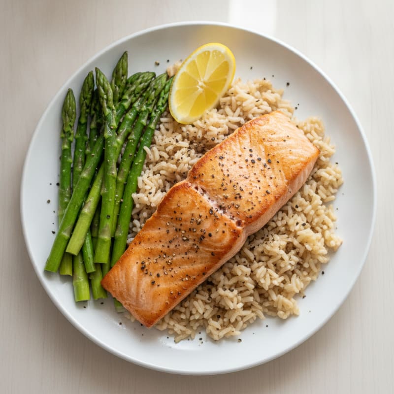 Seared Salmon Fillet with Steamed Asparagus and Brown Rice