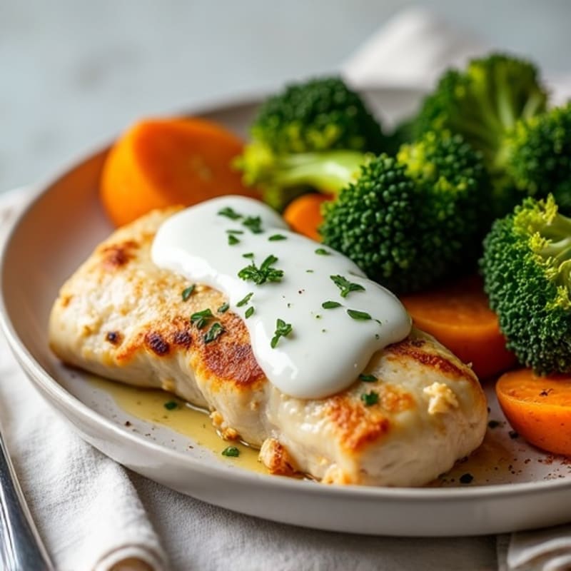 Creamy Lemon Herb Chicken with Roasted Sweet Potatoes and Crispy Broccolini
