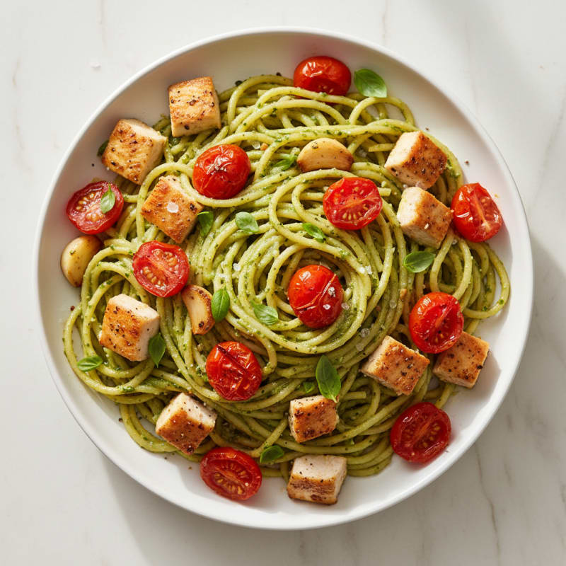 Creamy Pesto Spaghetti with Roasted Tomatoes