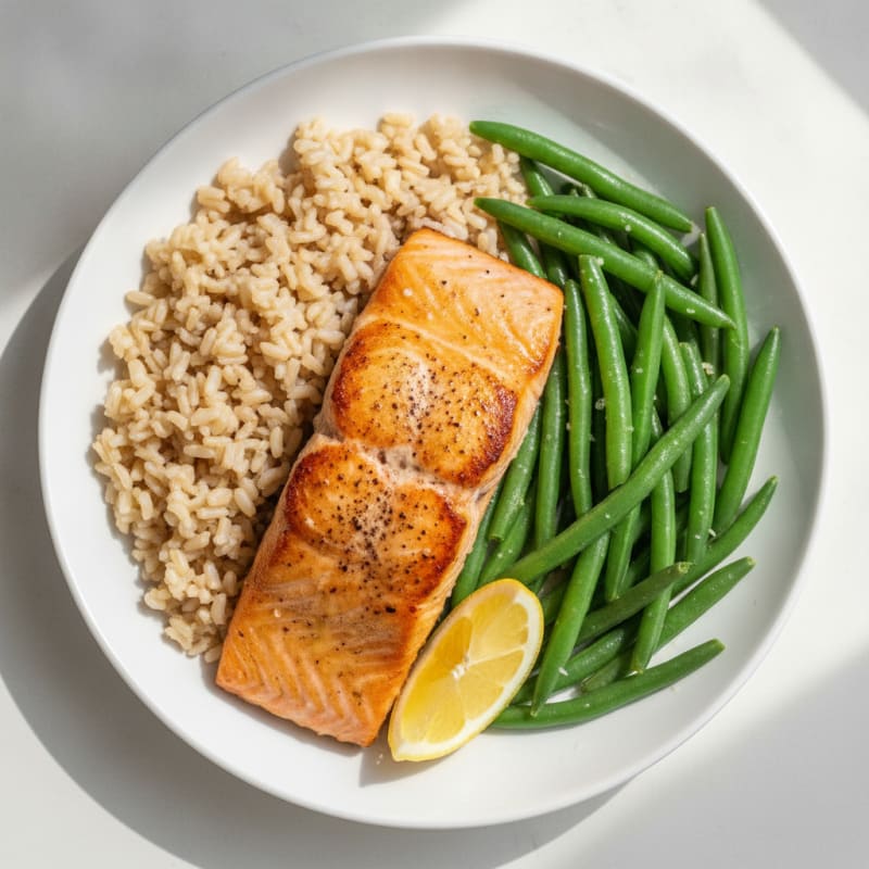 Seared Salmon with Steamed Green Beans and Brown Rice
