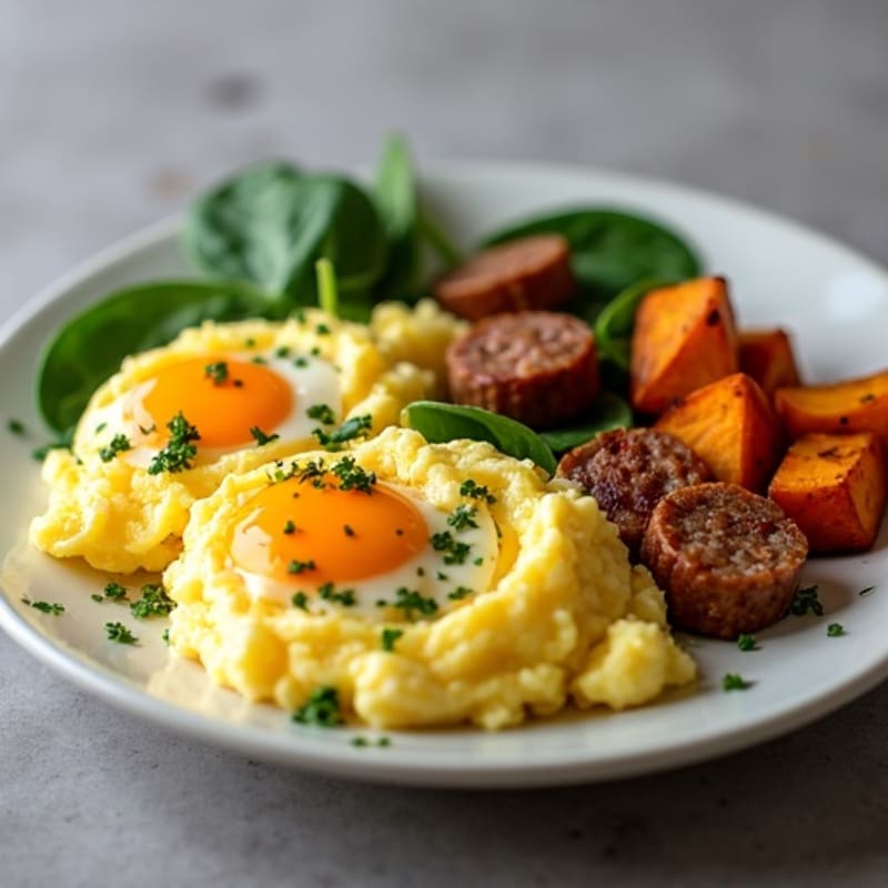 Fluffy Scrambled Eggs with Fresh Spinach and Roasted Sweet Potato