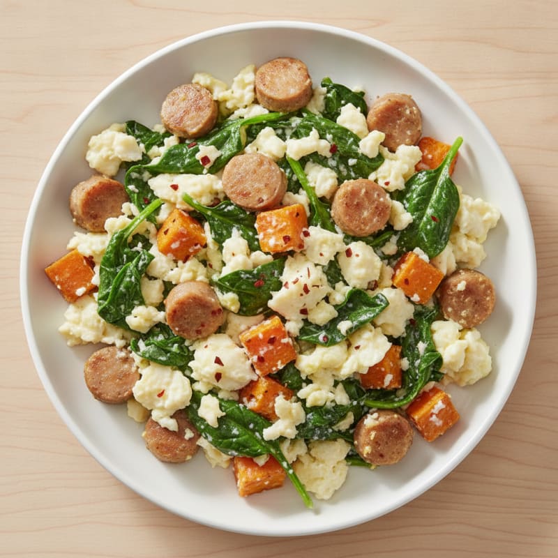 Egg White and Turkey Sausage Scramble with Spinach and Sweet Potato