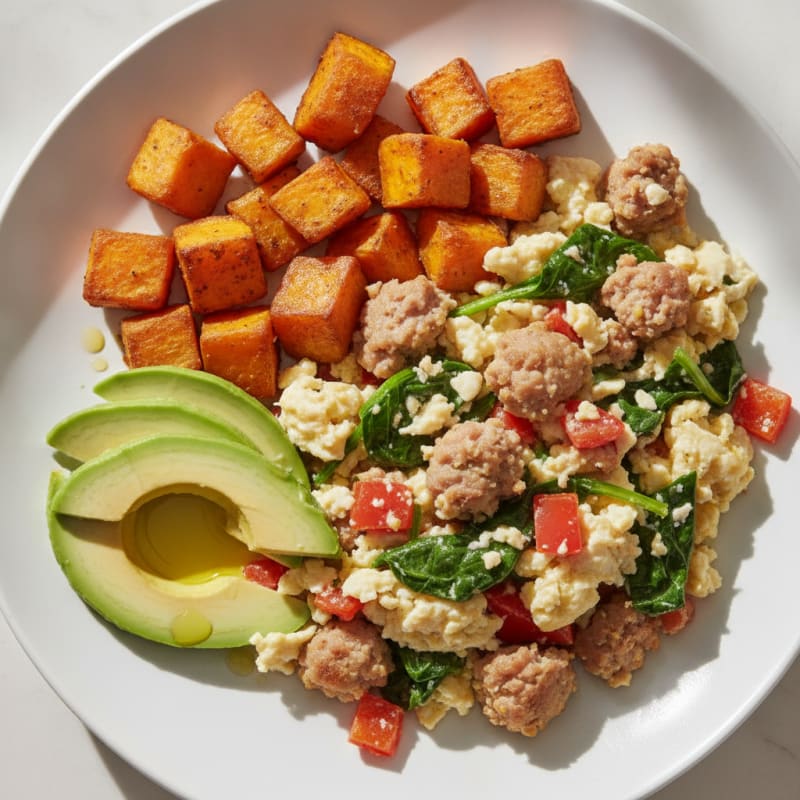Egg White and Turkey Sausage Scramble with Roasted Sweet Potato