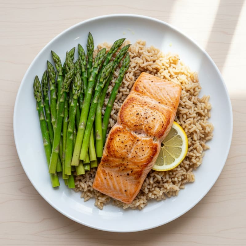 Seared Salmon with Steamed Asparagus and Brown Rice