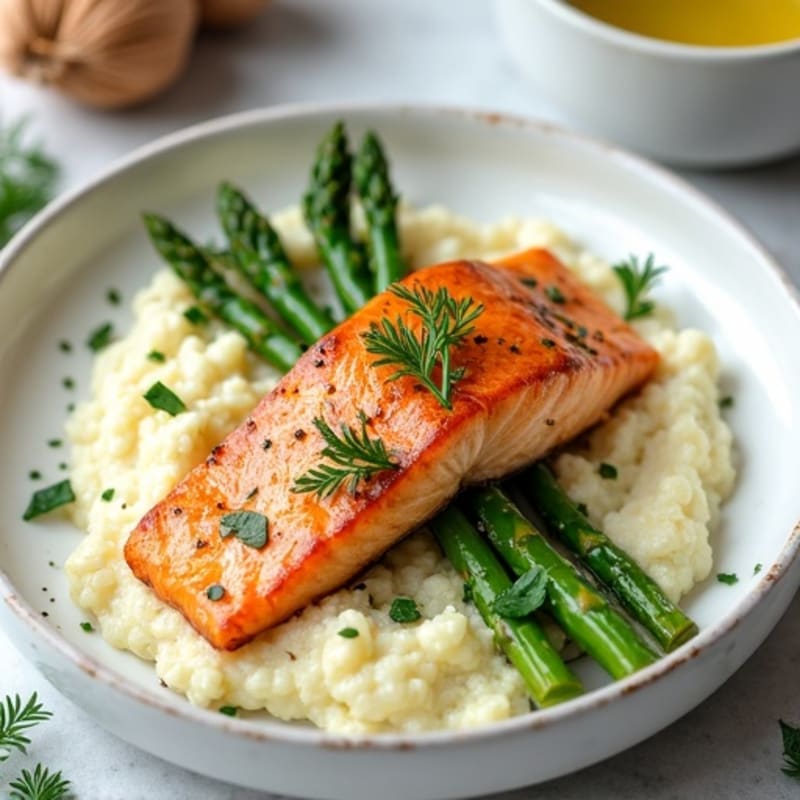 Seared Salmon Fillet with Steamed Asparagus and Garlic Cauliflower Mash